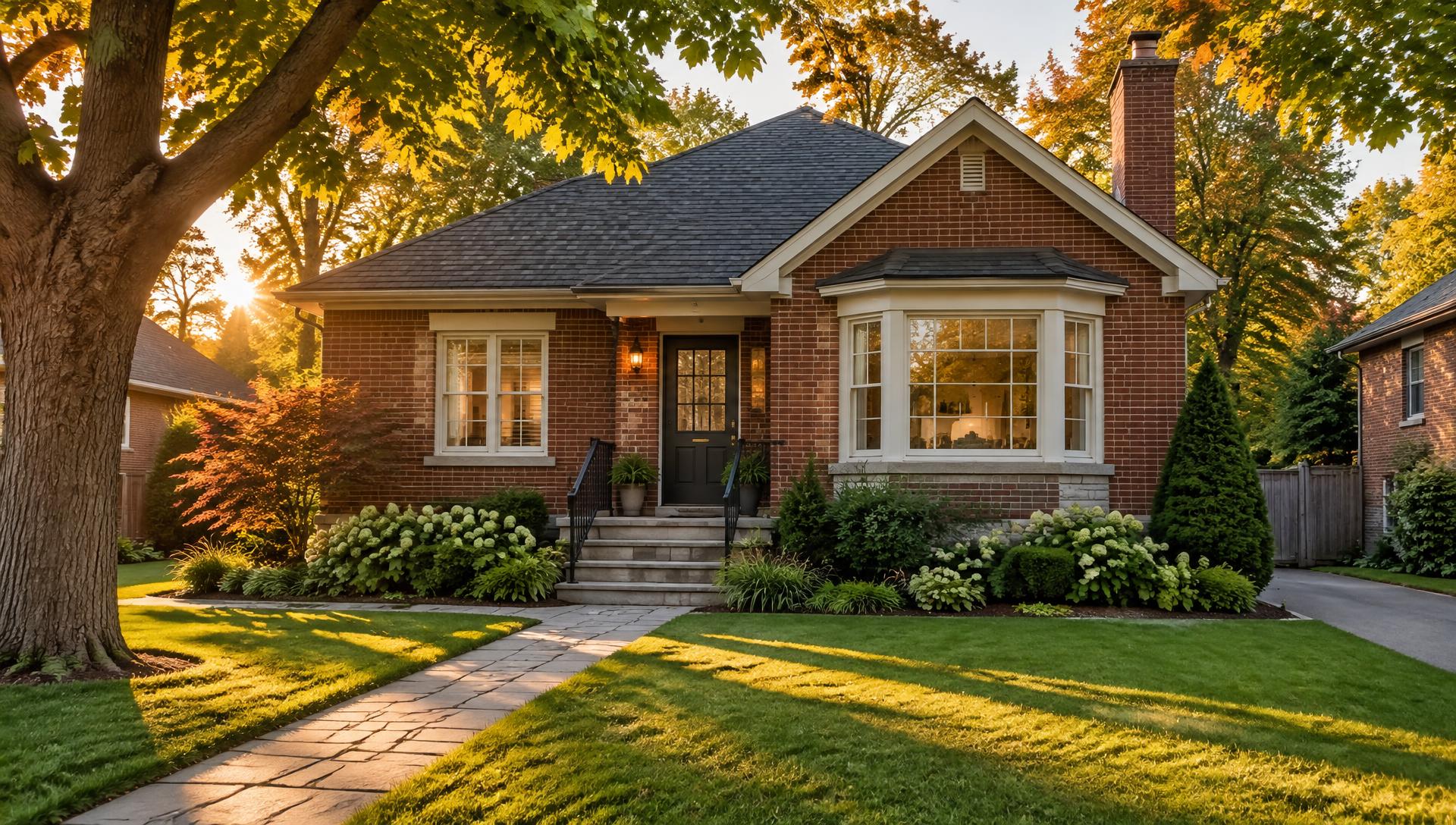 A red-brick bungalow on a tree-lined street in Welland, Ontario, in late afternoon light