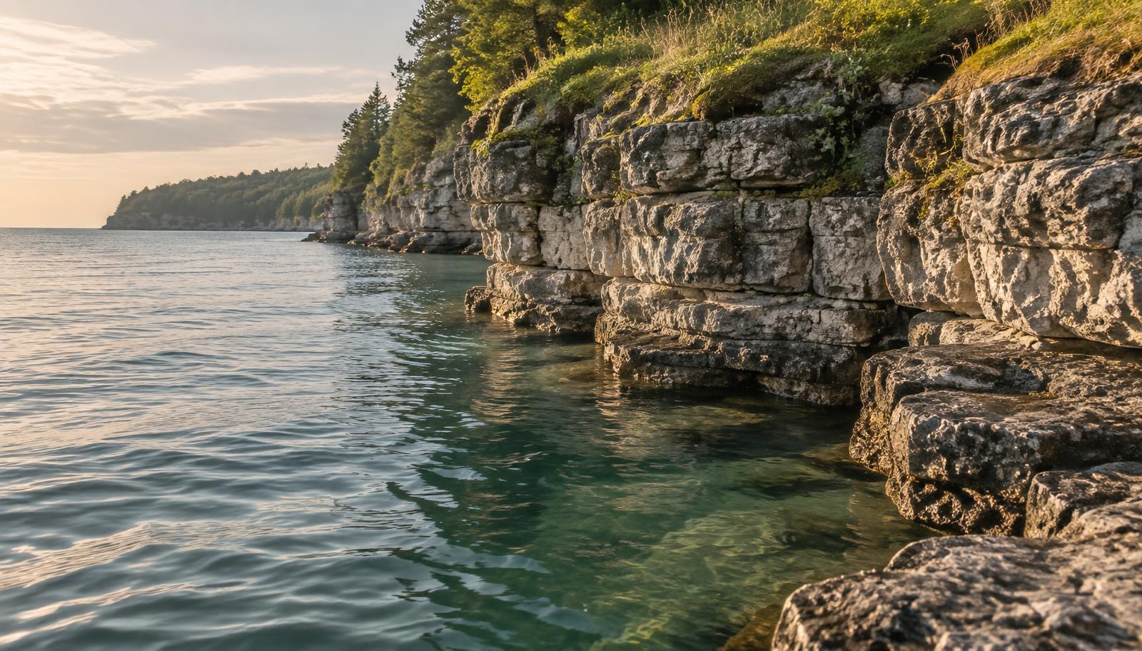Layered limestone rock of the Niagara Escarpment meeting calm water